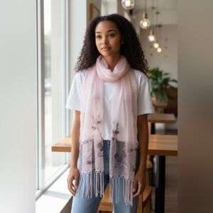 Blush Pink Sheer Floral Embroidered Scarf Shawl Wrap with Fringe Romantic